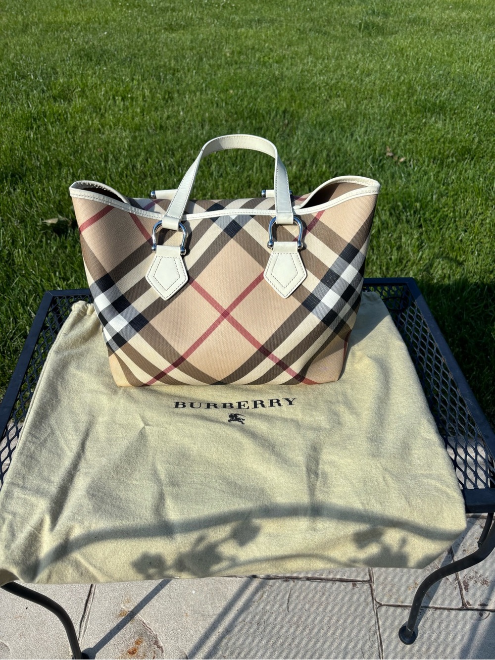 Burberry Tan Nova Check Canvas Tote with Cream Leather Handles